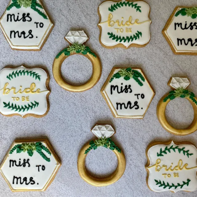 Bride to be cookies with diamond rings and Miss to Mrs plaques