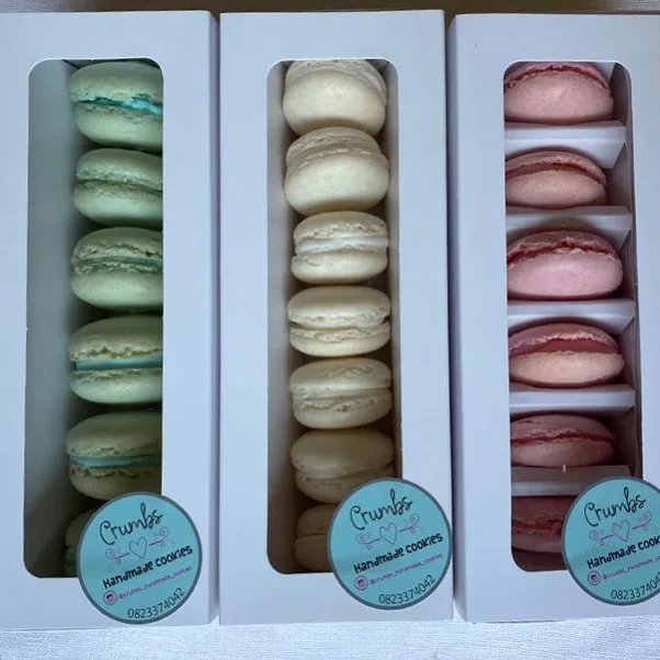 Crumbs boxes of mint, vanilla and pink macarons