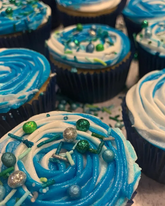 Blue swirl cupcakes with silver sprinkles