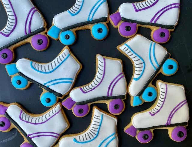 Roller skate cookies in white, blue and purple