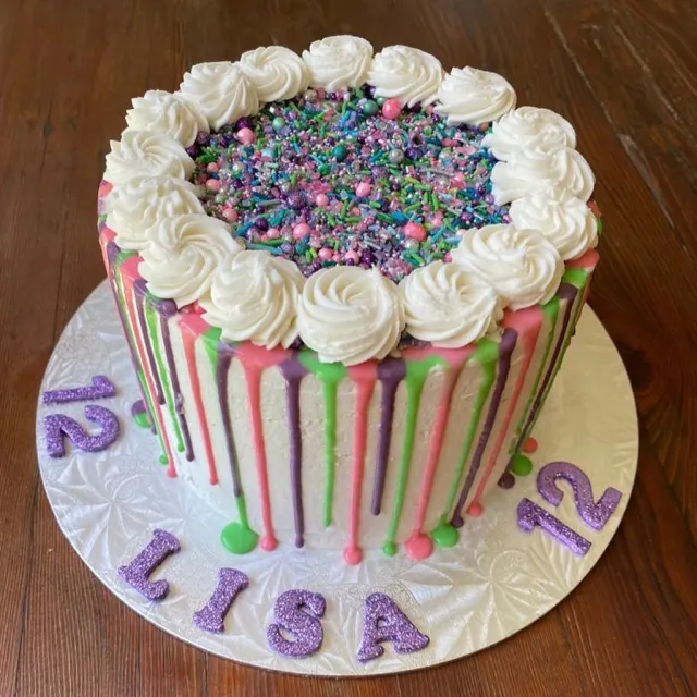 Drip cake filled with sprinkles for a 12th birthday